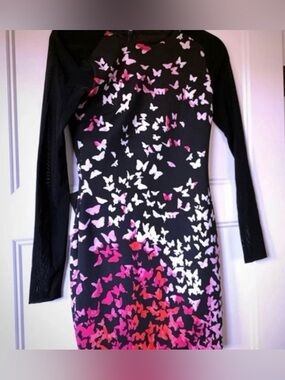 Bebe Butterfly Pink & Black Mesh Long Sleeve Dress